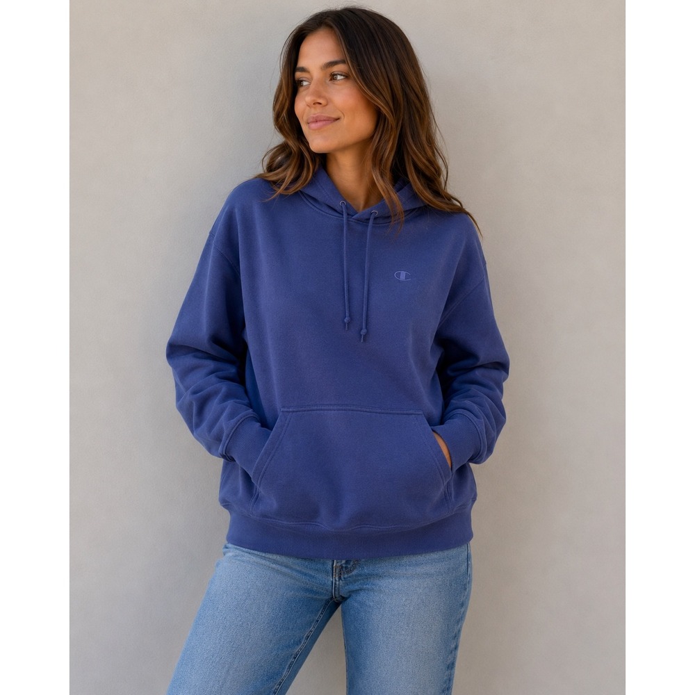 Champion Navy Blue Fleece Pullover Hoodie Embroidered Logo Large